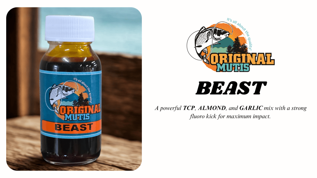 “Original Mutis Beast papgooi dip almond garlic blend for strong carp attraction”