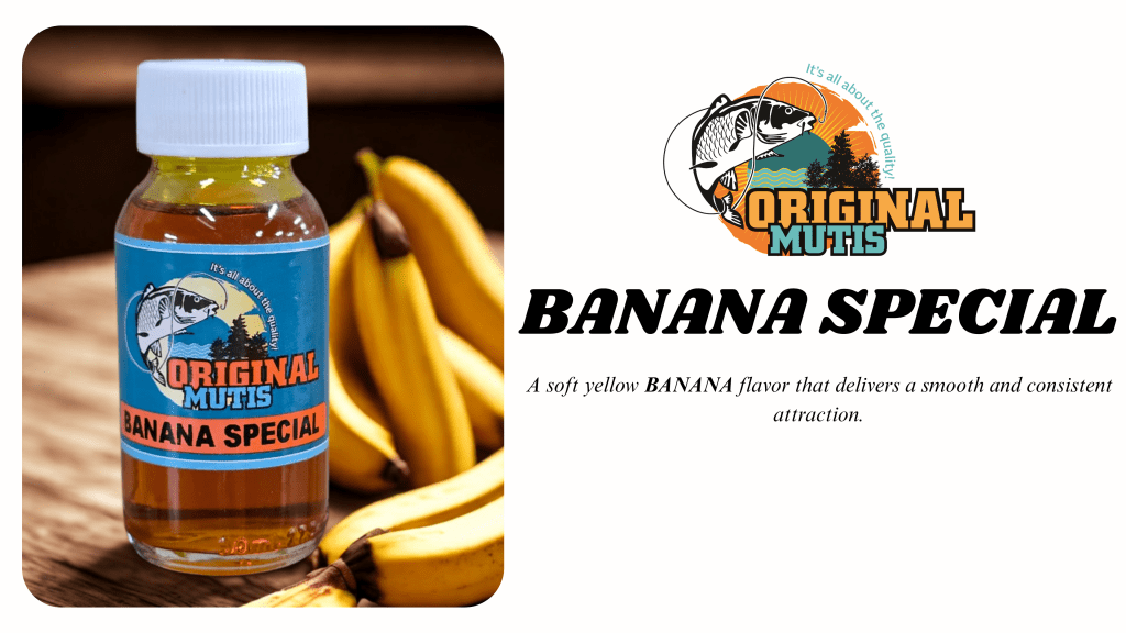 “Original Mutis Banana Special carp fishing dip used with mieliebom for papgooi sessions”