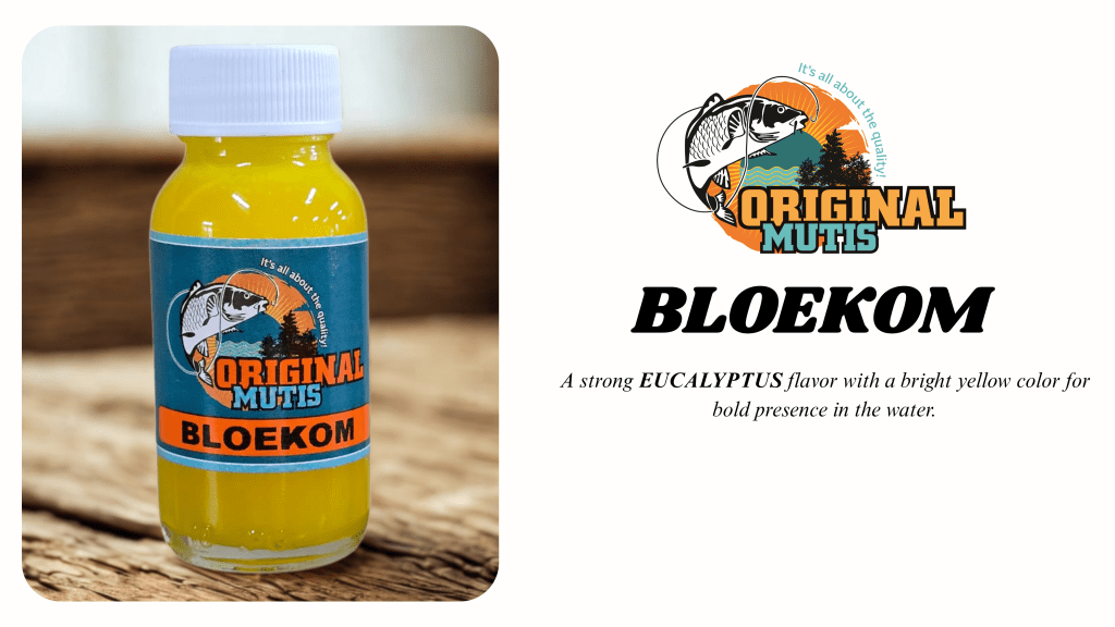 “Original Mutis Bloekom eucalyptus papgooi dip bright yellow for carp fishing visibility”